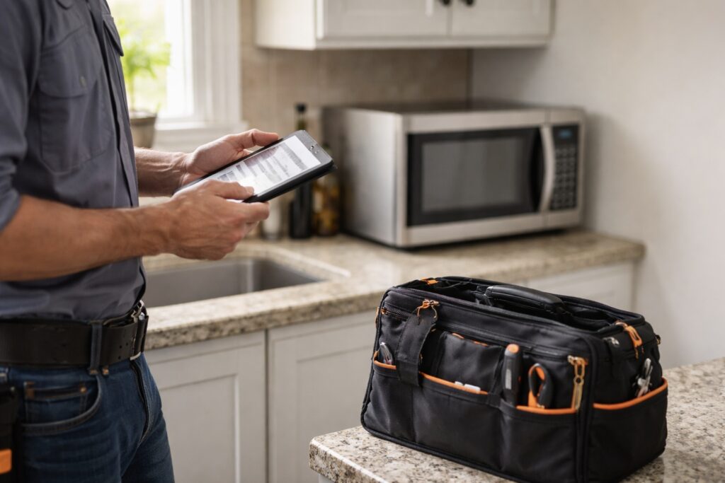 technician with tool bag and tablet cloverdale appliance repair