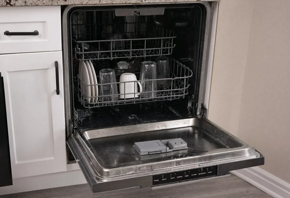Freshly Cleaned Dishes in Open Dishwasher